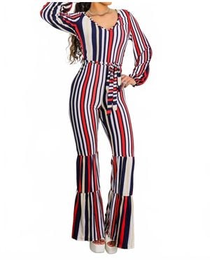SurelyMine Striped Flare-Leg Jumpsuit With Tie Waist & Long Sleeves - Red
