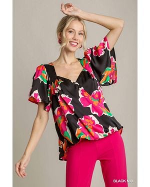 Umgee Floral Print Surplice Short Sleeve Wrap Top - Pink