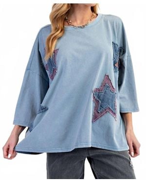 Easel Mineral Wash Star Patch Boxy Top - Blue