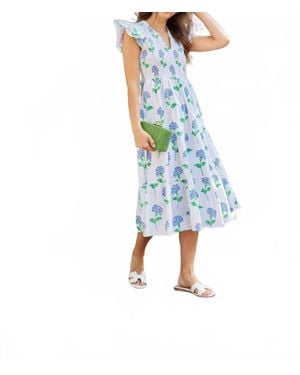 Sail To Sable Hydrangea Block Print V-Neck Smocked Dress - Blue