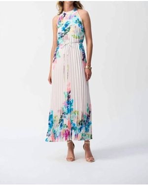 Joseph Ribkoff Pleated Satin Floral Print Midi Dress - Blue