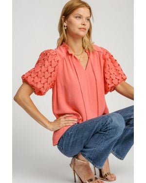 TRUEDAMES Full Size Heart Lace Sleeve Ruffle Collar Top Plus Size - Orange