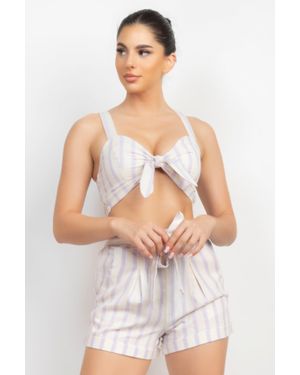 TRUEDAMES Tie-Front Striped Crop Top & Belted Shorts Set - White