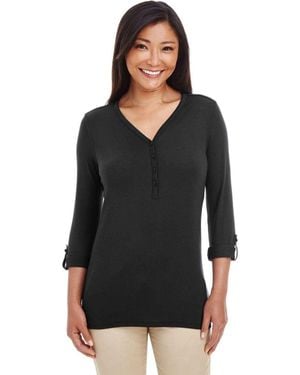 Devon & Jones Perfect Fit Y-Placket Convertible Sleeve Knit Top - Black