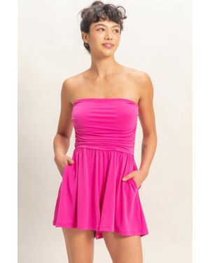 TRUEDAMES Strapless Shirred Waist Stretch Romper With Side Pockets - Pink