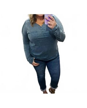 New In Mineral Washed V Neck Pocket Longsleeve Top - Blue