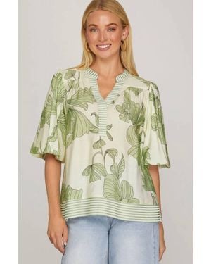 She + Sky Bubble Sleeve Blouse - Green