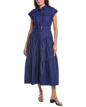 Gracia Buckle Belted Tiered Denim Maxi Dress - Blue