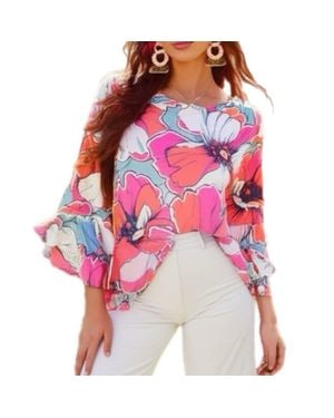 Ruby Rd. Tropical Floral Flutter Sleeve Blouse - Red