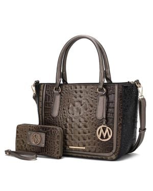 MKF Bonnie Faux Crocodile-Embossed Vegan Leather Satchel With Wallet Bag - Black