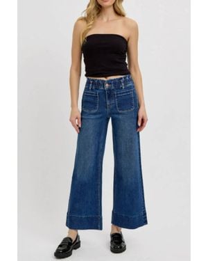 Risen Elastic Band Crop Wide Ruffle Band Jeans - Blue