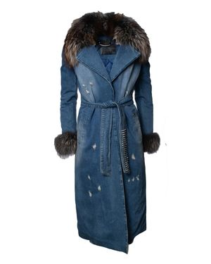 Philipp Plein Denim Trench Coat With Fur Collar - Blue