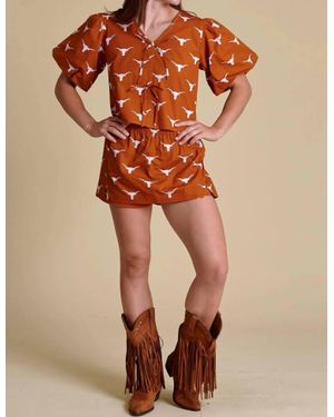 Stewart Simmons Texas Poplin Puff Sleeve Tie Top - Orange