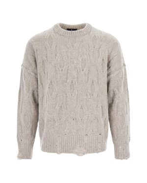 Represent Taupe Distressed Cable-Knit Wool-Blend Sweater - Gray