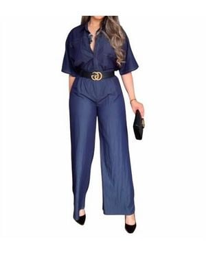Gracia Wide-Leg Jumpsuit Set With Belted Waist - Blue