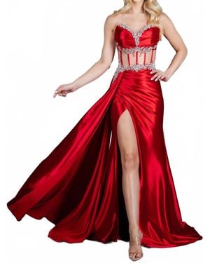 Cinderella Couture Long Prom Formal Fitted Slit Evening Dress - Red