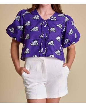 Stewart Simmons Poplin Puff Sleeve Tie Top - Blue