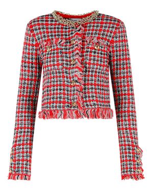Self-Portrait Plaid Frayed-Trim Cotton-Blend Blazer - Red