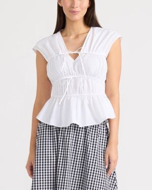 Ellen Tracy Shirred Sleeveless Top With Front Ties - White