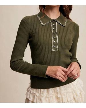 Listicle Jane Contrast Classic Collared Rib Knit Top - Green