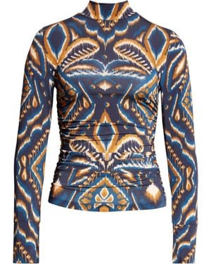 FARM Rio Mock Neck Long Sleeve Top, Pineapple Ikat - Blue