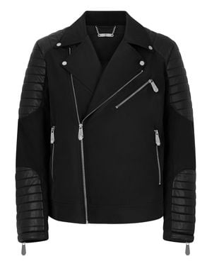 Philipp Plein Nylon Biker Jacket Eco Leather Inserts - Black