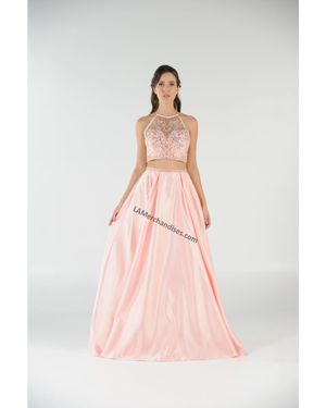 TRUEDAMES Beaded Top With Long Satin Skirt & Side Pockets - Pink