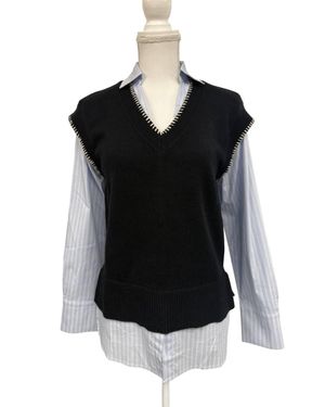 Thml V-Neck Mixed Media Layered Neck Top - Black