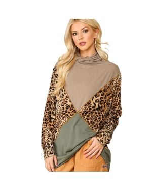TRUEDAMES Solid And Animal Print Mixed Knit Turtleneck Top With Long Sleeves - Green