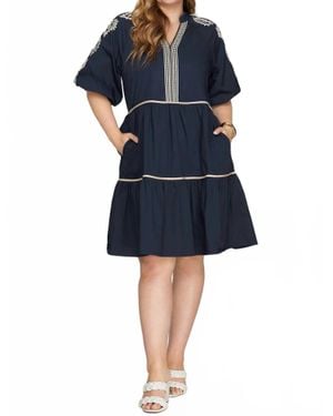 She + Sky Bissete Embroidered Tiered Midi Dress - Blue