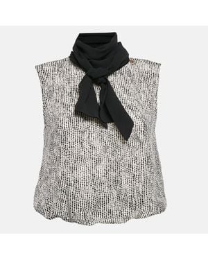 Elisabetta Franchi Printed Silk Bow Neck Top - Gray