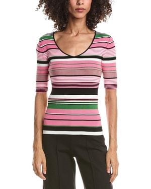 Tahari Elbow Sleeve Variegated Rib V-Neck Pullover - Red