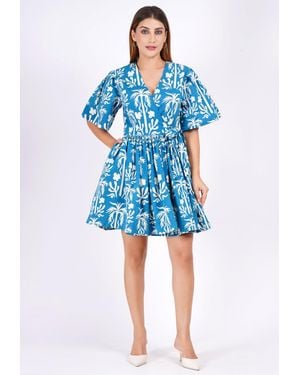 Leota Alena Mini Wrap Dress Palm Fields Mykonos - Blue