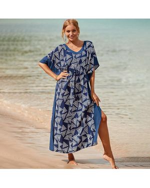 TRUEDAMES Printed Beach Cover-Up Maxi Dress Acation Bikini Kimono, Sun Protection Long Dress - Blue