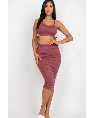 TRUEDAMES Cut-Out Tie Side Crop Top & Ruched Midi Skirt Set - Red