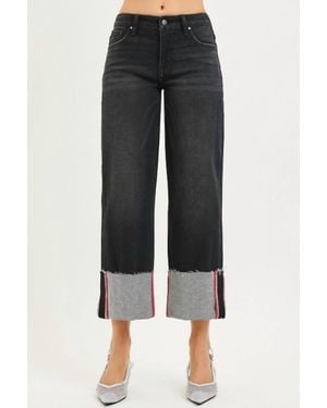 Risen Tummy Control Mid Rise Crop Wide Cuffed Jeans - Black