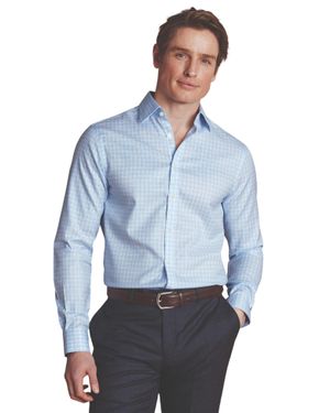 Charles Tyrwhitt Triple Check Non-Iron Twill Slim Fit Shirt Single Cuff - Blue