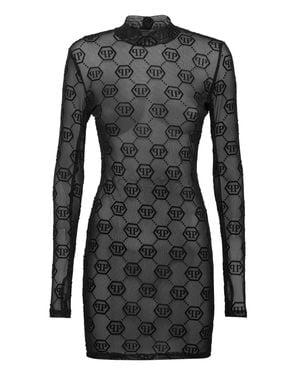 Philipp Plein Tulle Mini Dress Monogram - Black