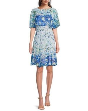 Maison Tara Floral Print Short Sleeve Cape Fit & Flare Dress - Blue