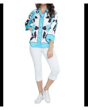 Renuar Floral Button-Up Collared Blouse - Blue