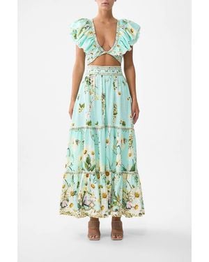 CAMILLA High Waisted Tiered Skirt Floral Freefall - Green