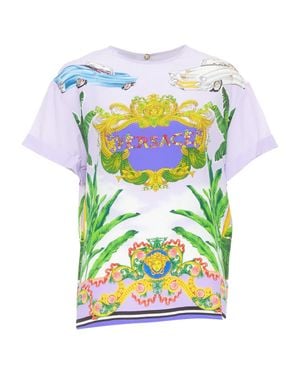 Versace Beverly Palm Lilac Silk Print Short Sleeve Top It40 S - Green