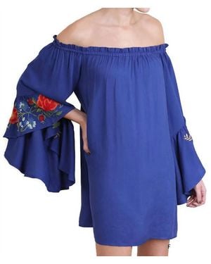 Umgee Floral Embroidered Bell Sleeve Mini Dress - Blue