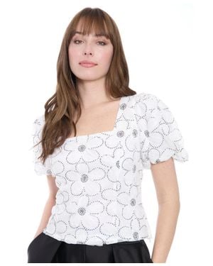 Muse Top Floral Square Neck Puff Sleeve Blouse Cropped Pal103 - White