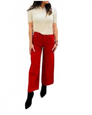 Autumn Cashmere Solid Cropped Short Sleeve Polo Top - Red