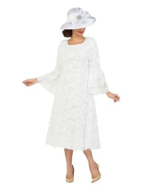 GIOVANNA Bell Long Sleeve Fit & Flare Tassel Decor Dress - White