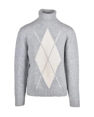 Eleventy High Neck Wool Sweater With Argyle Pattern And Ribbed Detailing - Gray