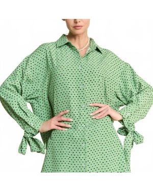 Davi & Dani Tie Cuffs Button Down Oversized Shirt Blouse - Green