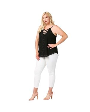 TRUEDAMES Plunging V-Neckline Lattice Top With Scalloped Lace - Black
