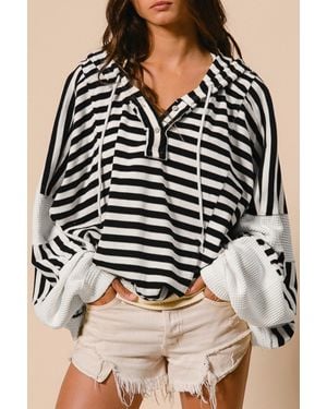 TRUEDAMES Oversized Striped Henley Buttons Dolman Sleeve Hooded Top - Black